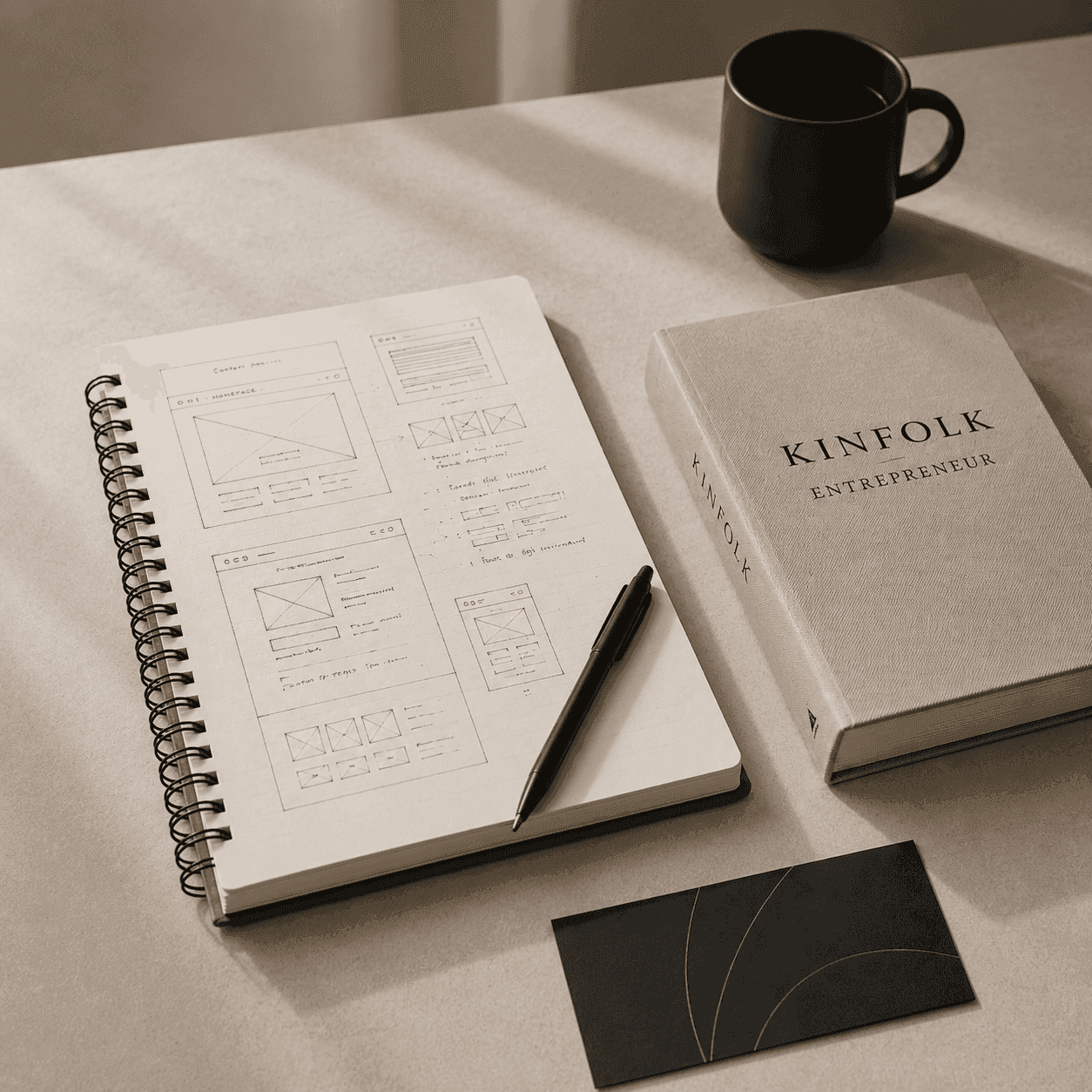 A sketchbook of website wireframes beside a pen, books, and a coffee mug.