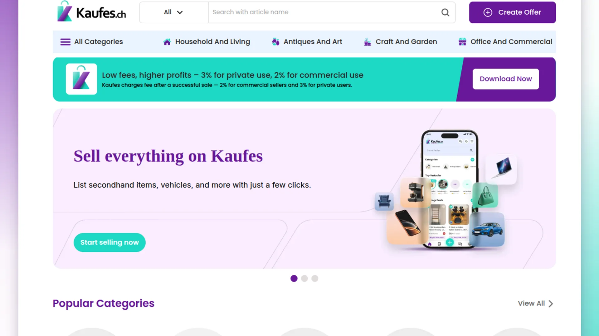 Kaufes marketplace homepage and selling interface