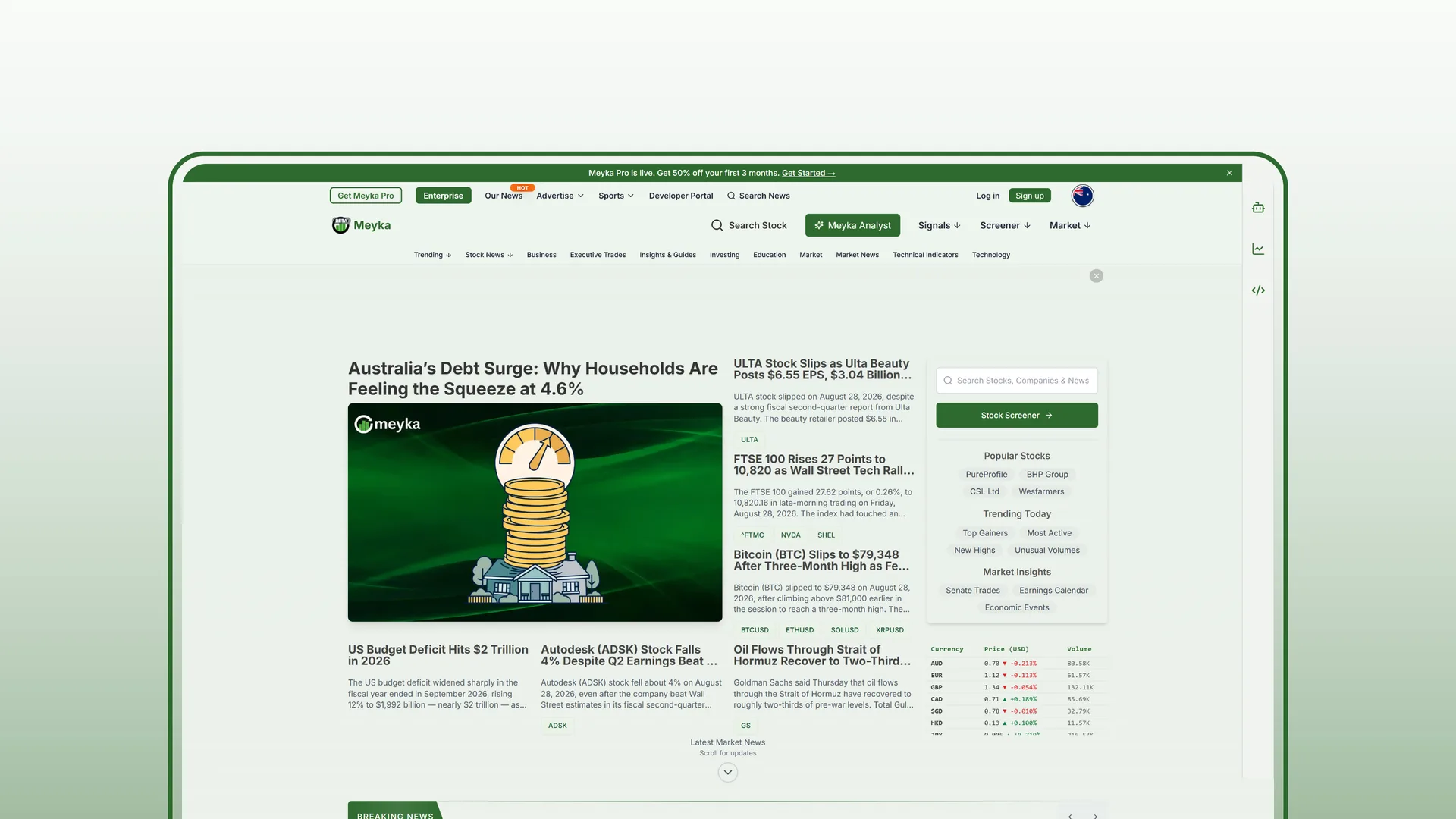 Meyka AI website and stock news interface